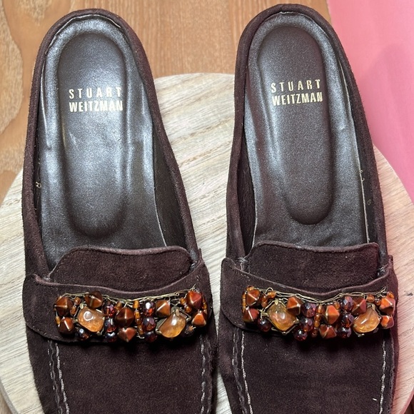 Stuart Weitzman Brown Suede Jeweled Mules Slip On Career Professional Office - Picture 2 of 10